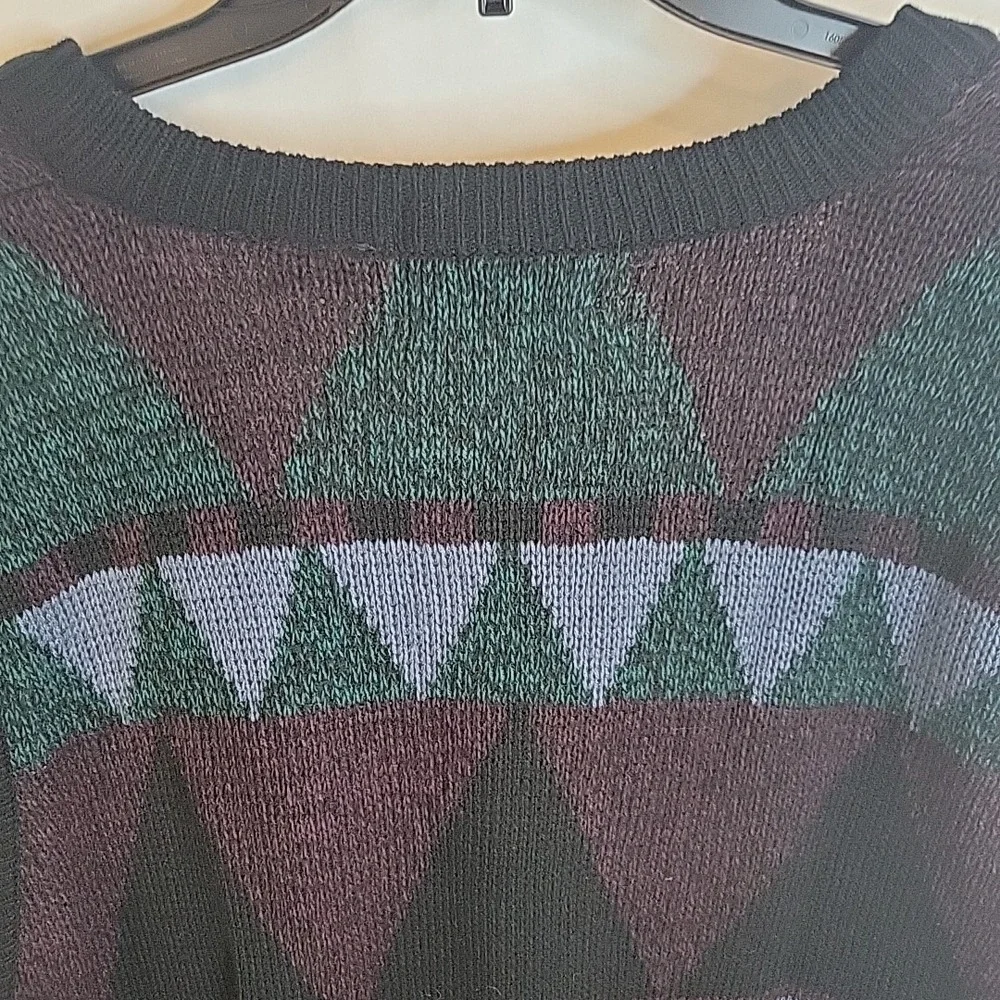 Impact Vintage 80s Button Up Sweater Vest Geometric Grandpa Leather Trim Men's L